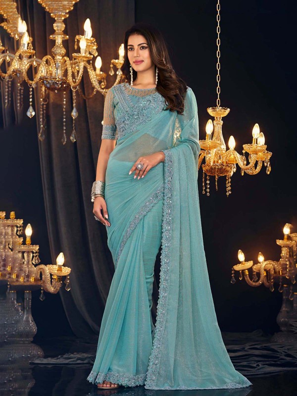 Sky Blue Shimmer Georgette Saree